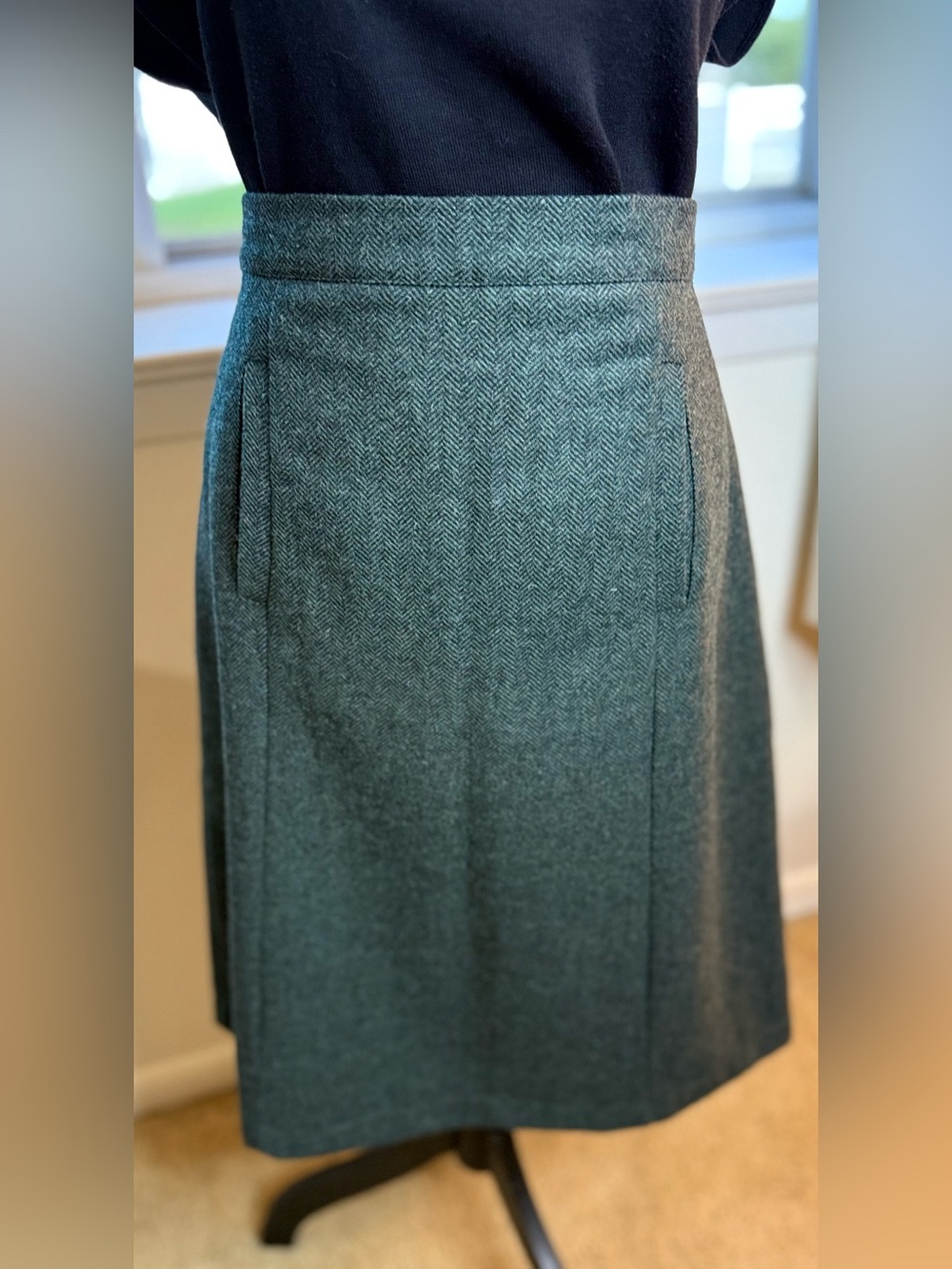 Modcloth wool blend preppy green black herringbone A line skirt lined pockets L - Picture 10 of 12